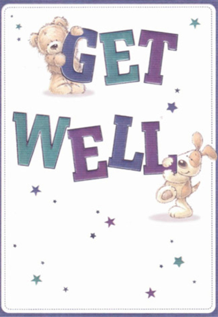 Brimming with charm and sincerity, this get well card captures a moment of pure, uplifting connection between two illustrated companions: a snuggly bear and a playful puppy, their presence softened by gentle washes of watercolour and delicate detailing. The bear, rendered in soft amber tones, perches lightly atop the vibrant 'GET'-its boldness tempered by whimsical shading in lush purple and refreshing aqua. Nearby, the puppy, tail curled in delight, presses against the equally striking 'WELL,' the textured brushwork almost evoking the sensation of velvety pet fur beneath your fingers. Dancing throughout the composition are stars-scattered in blue and purple, as if casting hopeful intentions over the scene, much like the uplifting atmosphere felt along Sloane Street or in the gardens of Hyde Park during spring. The white background, devoid of clutter, offers a sense of clarity and new beginnings-a comforting sight for anyone on the mend. The overall effect brings to mind a carefully arranged bouquet from a local Knightsbridge florist, where every stem and blossom has been chosen for its restorative beauty. This card becomes more than just an illustration; it is an invitation to send a touch of the neighbourhood's gentle warmth and positivity to someone needing encouragement, merging artistry and heartfelt care.