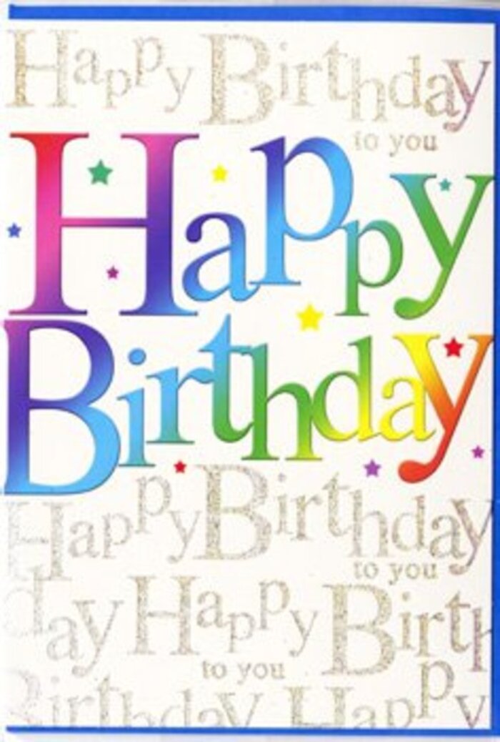 The birthday card in this image feels like a pocket-sized celebration, the kind you might slip between fresh blooms before delivering along the elegant terraces of Knightsbridge. Dominating the front are the words Happy Birthday, printed in generous, friendly block letters that stretch proudly across the card. Each letter is dipped in a different shade, forming a continuous gradient of colour that moves seamlessly from passionate reds and rosy pinks, through plums and indigos, to cool teals, leaf greens and sunlit yellows. The colours blend softly at the edges, creating the impression of brushed pigment or ink that has been carefully layered, like a skilled florist blending tones in a birthday bouquet. There is a smooth, satiny quality to the surface, suggesting that the letters would feel slightly raised under your fingertips, with a gentle sheen that brightens in natural daylight streaming through a Knightsbridge bay window. Behind this bold rainbow message lies a second, more intimate detail: the entire background is filled with fine, looping cursive in metallic gold, quietly repeating Happy Birthday to you. This delicate script twines across the card like gilded ribbons, catching the light in places so that some lines shimmer more brightly than others, creating depth and subtle movement. Small specks of colour and tiny starbursts appear here and there, like confetti lingering after a toast. The interplay between the confident, multicoloured letters and the refined golden writing gives the card a balance of joy and sophistication, making it an ideal companion to a chic floral arrangement delivered to a birthday dinner near Hyde Park Corner.