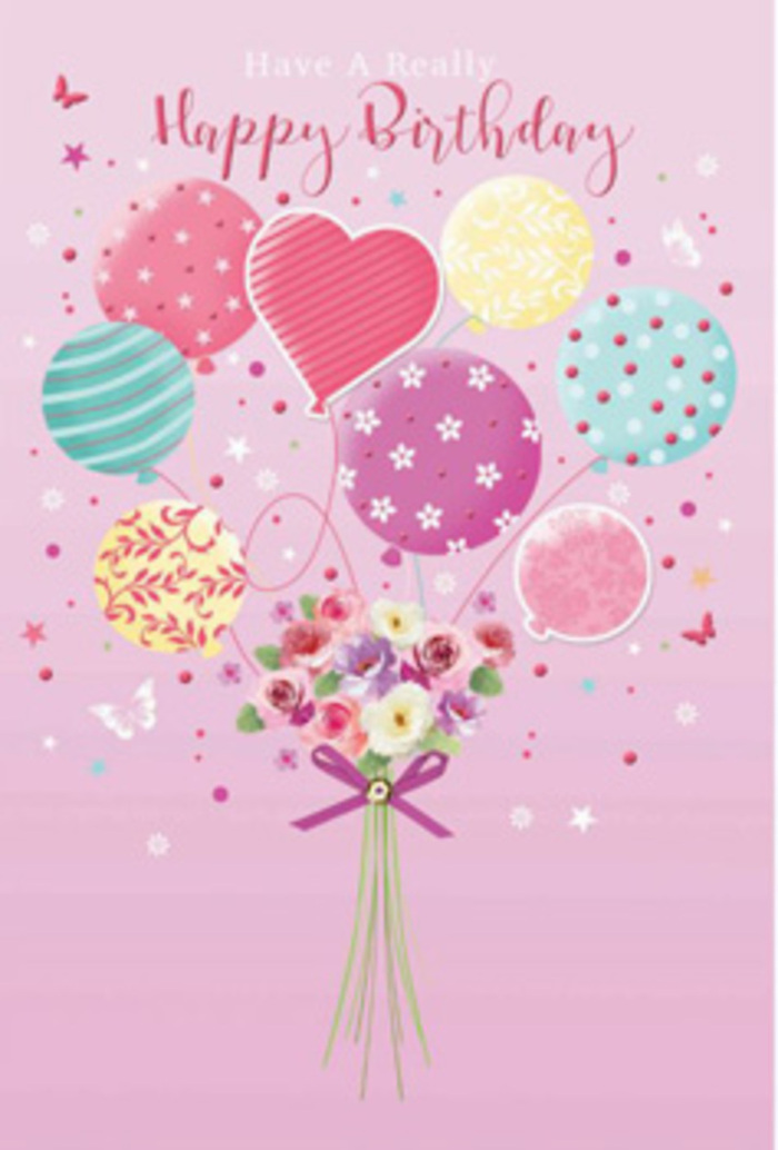 This birthday design presents a dreamy tangle of balloons and blooms that feels as elegant and light as a celebration in the heart of Knightsbridge. The scene is set on a soft pink canvas, where a cluster of pastel balloons rises gently, almost weightless, as though caught in a warm afternoon breeze drifting over Hyde Park. Each balloon carries its own personality: some are wrapped in delicate ribbon-like stripes of pink and sea green, others are sprinkled with dancing polka dots in sunshine yellow, lavender, and teal, while a central heart-shaped balloon glows with a blush tone that suggests tenderness and affection. The balloons gather above a hand-tied bouquet at the base, their imaginary strings converging in a neat bundle. In this bouquet, petite roses and daisy-style blossoms unfold in layers of cream, rose, and soft mauve, petals shaded as if lit by natural daylight streaming through a Knightsbridge apartment window. You can almost sense the cool smoothness of the stems and the gentle, powdery fragrance of fresh-cut flowers that have just arrived from a local flower shop tucked off Sloane Street. A sparkling purple bow wraps tightly around the stems, the satin loops detailed enough that you can picture their slight rustle to the touch. Tiny butterflies flit around the arrangement, alongside subtle star and confetti motifs that turn the scene into a miniature party. The overall feeling is one of gentle jubilation: refined, whimsical, and perfectly suited to mark a special birthday for someone you care about in SW1.