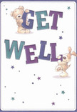 Radiating playful optimism, this vibrant get well card feels like a breath of fresh Knightsbridge morning air-instantly uplifting, and full of subtle warmth. Two endearing characters, a plush teddy bear with round rosy cheeks and a floppy-eared puppy, leap forward from the creamy white card, their joyful gestures captured in expressive, tactile brushstrokes. The bold, colourful letters of 'Get Well'-shaded in a lively mix of indigo and teal, reminiscent of the elegant storefronts and fresh spring blooms typical along Knightsbridge's leafy streets-form the heart of the composition. Each character engages with the letters in a dance of encouragement: the bear's gentle embrace and the puppy's ecstatic nuzzle combine to embody both comfort and hearty well wishes. Above and around them, stars in shades of blue, purple, and soft turquoise spray across the scene, their whimsical sparkle echoing the hope and positivity that a neighbourly get well bouquet might inspire. The subtle textural details-the bear's fluffy chest, the puppy's invitingly smooth coat-invite you to sense the hug these friends would give. Crafted with the same attention a florist brings to a comforting floral arrangement, this card becomes a gentle, heartfelt gesture, perfect for sending a wave of kindness and healing to a loved one recovering in the heart of Knightsbridge.