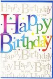This richly designed Happy Birthday card looks as if it could have been chosen straight from a stylish Knightsbridge boutique, its surface alive with colour and light. The main greeting, Happy Birthday, is rendered in bold, generously spaced letters that stretch across the card with an air of easy confidence. Each letter glows in its own hue, so that the phrase becomes a flowing ribbon of colour shifting from deep red and berry tones through velvety purples and royal blues to refreshing greens and bright, citrusy yellows. The gradient is smooth and harmonious, reminiscent of a carefully curated display of flowers in a Knightsbridge Florist window, arranged to please the eye from every angle. The letters appear slightly rounded and softly shaded, giving them dimension and the suggestion of a smooth, almost glossy finish that would respond beautifully to both daylight and candlelight. Behind this vivid greeting, the background is completely veiled in fine golden handwriting, repeating Happy Birthday to you in looping script. The metallic ink gives off a gentle shimmer, like late afternoon sun catching the railings along nearby garden squares, adding warmth and an air of understated luxury. Occasionally, tiny stars and flecks of colour punctuate the design, echoing the feeling of confetti or sparkling bubbles in a celebratory glass. Together, the bold rainbow typography and the delicate golden script create a sense of joyful occasion balanced with refinement, making the card feel perfectly suited to accompany a birthday bouquet delivered to a cherished friend or family member in the heart of Knightsbridge.