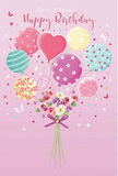 This illustrated birthday scene feels like a little window into a Knightsbridge celebration, where balloons and flowers share the spotlight in soft, flattering light. The background is a delicate blush pink, setting off a bouquet of pastel balloons that float upward in an easy, joyful arc, as if released from a townhouse terrace near Harrods. The balloons shimmer in shades of gentle pink, mint, lemon, and lavender, some adorned with candy-striped bands, others sprinkled with playful polka dots or tiny stars. One balloon is shaped like a heart and sits proudly near the centre, suggesting love and warm wishes at the core of the greeting. Below, a compact, hand-tied bouquet gathers the eye. Creamy ivory and blush roses, along with dainty anemone-like flowers in mauve and soft rose, cluster together, their petals drawn with feathery detail that hints at real texture. The stems are gathered in a precise bundle, cinched by a violet satin bow that sparkles subtly, like ribbon chosen with care by a skilled florist preparing a birthday delivery for a nearby address on Brompton Road or around Knightsbridge station. Floating around the composition are tiny butterflies and scattered stars, lending a hint of fairy-tale wonder, reminiscent of a peaceful stroll through Hyde Park on a spring afternoon. The mood is airy, sweet, and quietly festive, conveying the feeling of a thoughtful birthday surprise arriving at the door, complete with fresh flowers and the promise of a joyful day ahead.