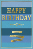 This birthday card is captured in a way that highlights its calm, sophisticated beauty, like a thoughtful gift waiting on a console table in a Knightsbridge home. The background is formed by broad, horizontal stripes of blue, drifting gradually from dark navy and rich royal at the top down through softer denim, teal, and pale sky near the base, creating a tranquil ombré effect that feels both modern and soothing. Prominently centred on these bands, the phrase HAPPY BIRTHDAY is embossed in striking metallic gold capital letters, tall and confident, each one raised from the surface so it would feel pleasingly textured beneath the fingertips. Just below the main greeting, a graceful gold flourish stretches out, its looping, symmetrical curves reminiscent of traditional calligraphy and adding a hint of timeless elegance. Underneath, three slim gold banners are arranged in a neat stack, their glossy finish reflecting the light. These banners carry the friendly reminder, expressed through the design: Relax, have a great day and enjoy! A delicate gold line frames the card all around, giving a sense of completion and polish, as though the design has been carefully tailored. The card stock appears thick, smooth, and slightly soft in finish, with the matte blues providing a gentle contrast to the brighter shimmer of the gold details. One can easily imagine this card paired with a bouquet of birthday flowers delivered locally, the blue and gold tones harmonising with fresh blooms and subtle fragrance, ready to bring a moment of quiet, joyful celebration to someone in Knightsbridge.